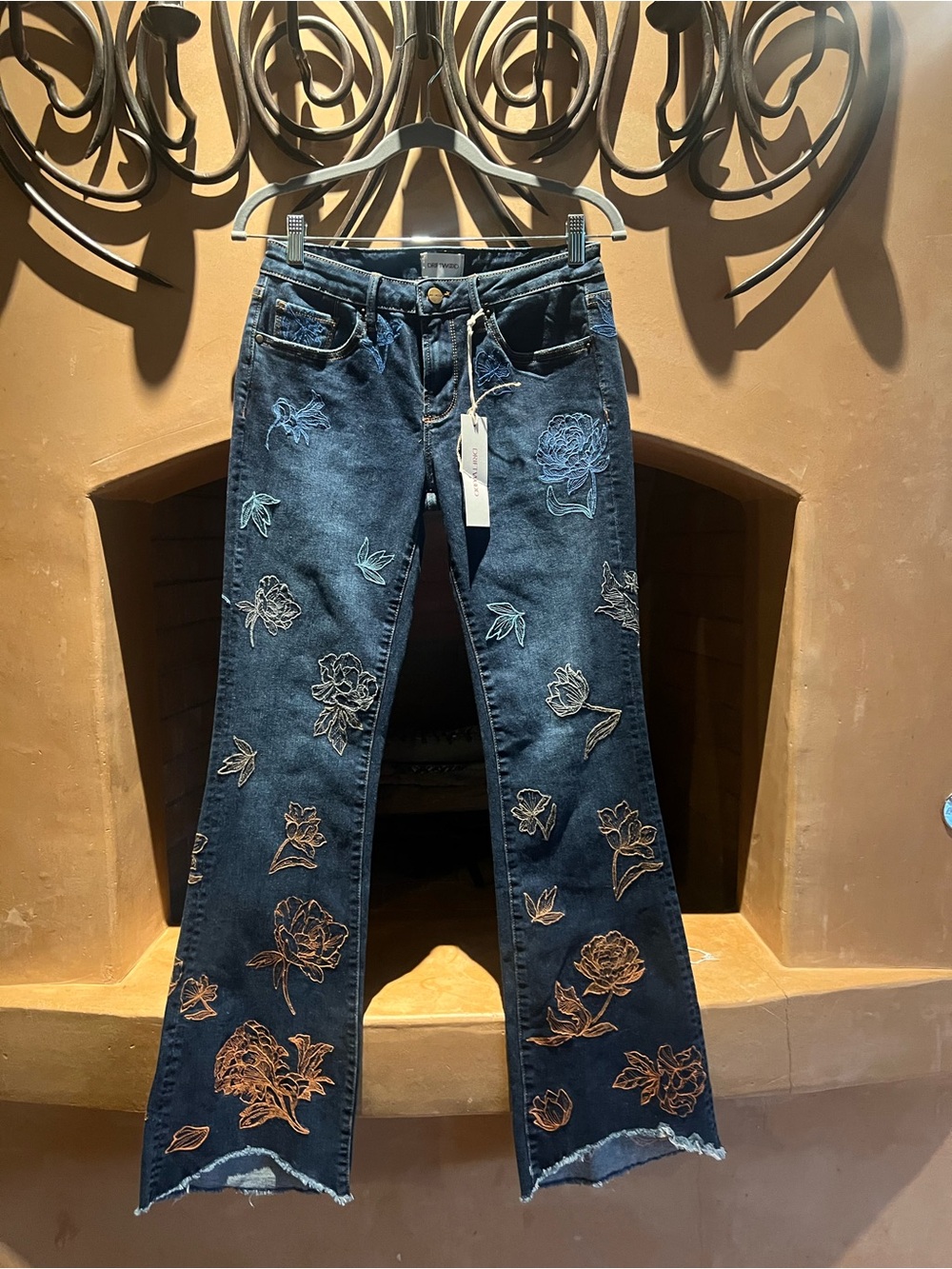 Driftwood Women's Dark Blue Floral Embroidered Jeans